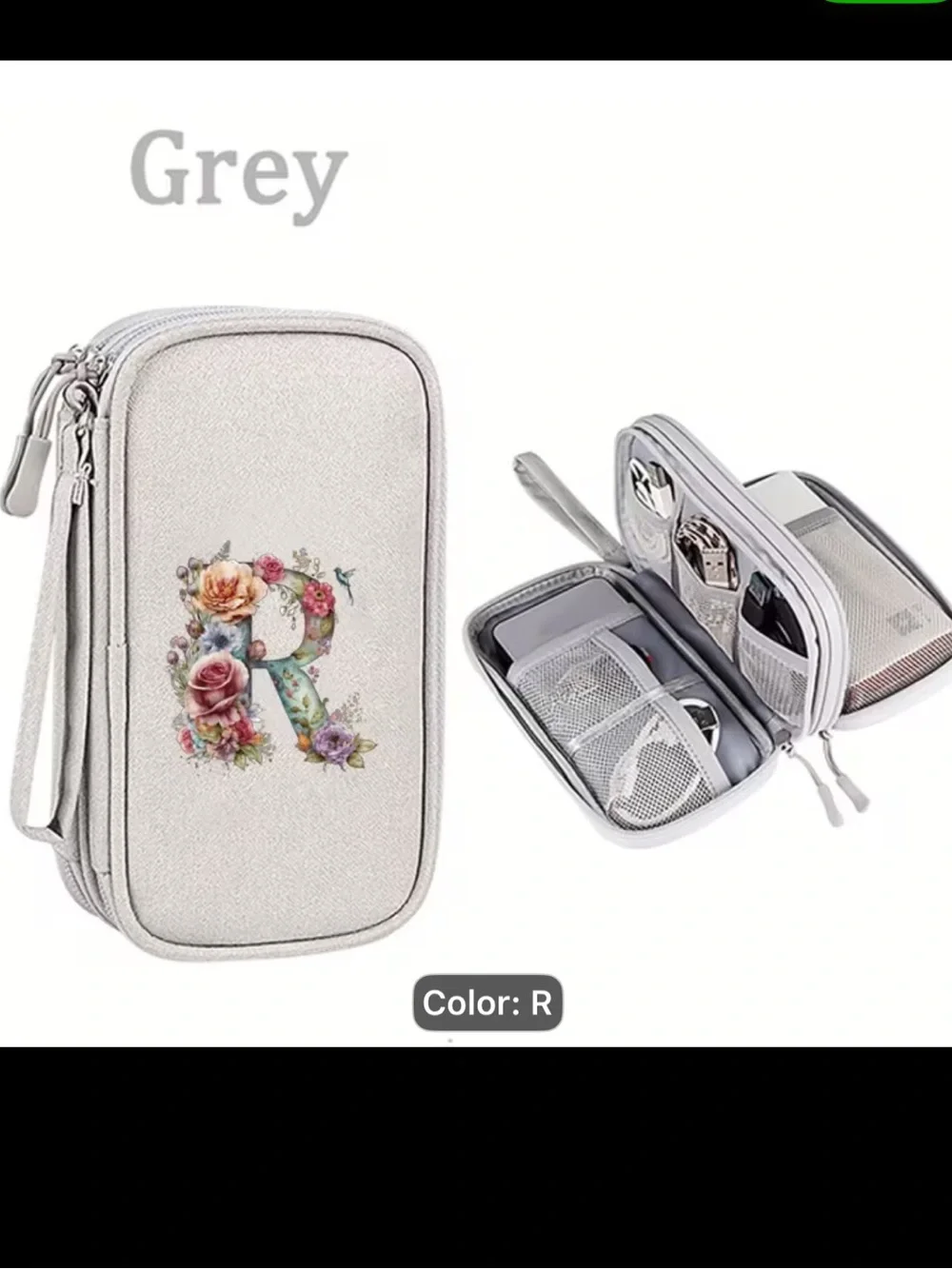 Grey Floral 'R' Monogram Digital Travel Organizer Pouch